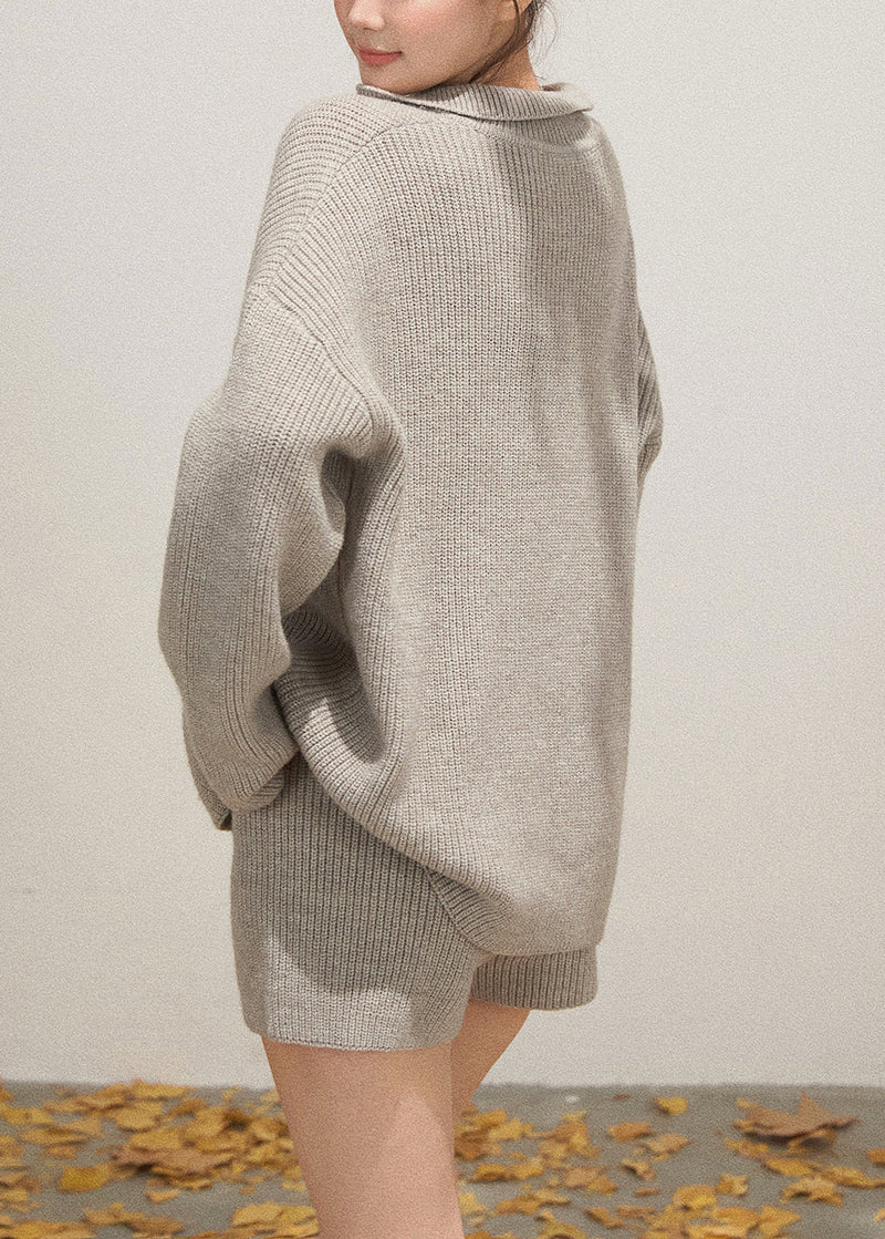 Light Grey Knit Cozy Two Pieces Set Deep-v Neck Fall
