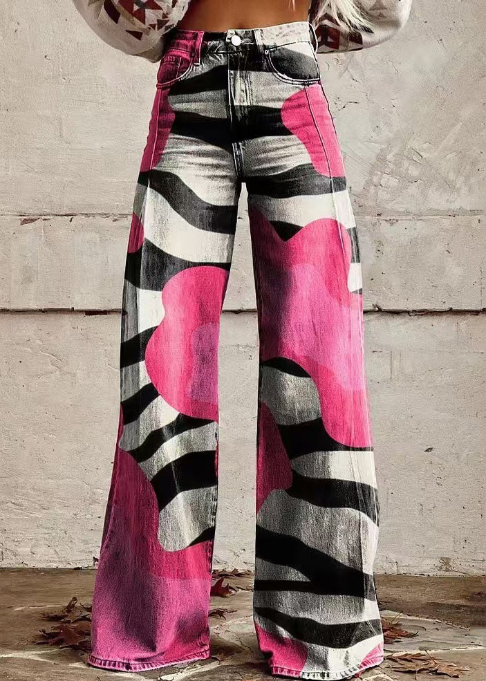 Rose Print Pockets High Waist Denim Pants Spring