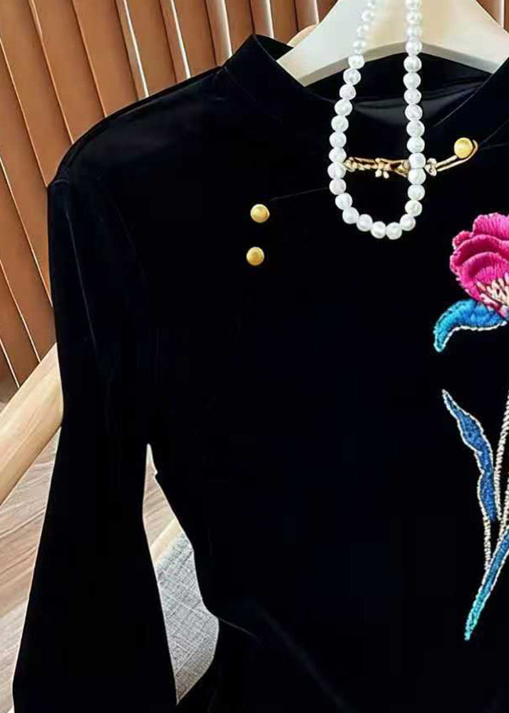 Black Embroidered Silk Velour Blouses Flare Sleeve