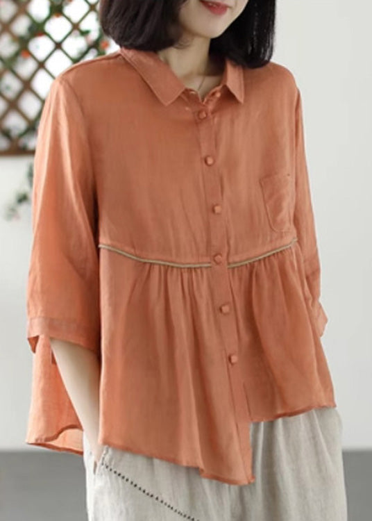 Purple Peter Pan Collar Asymmetrical Patchwork Button Ramie Shirts Half Sleeve