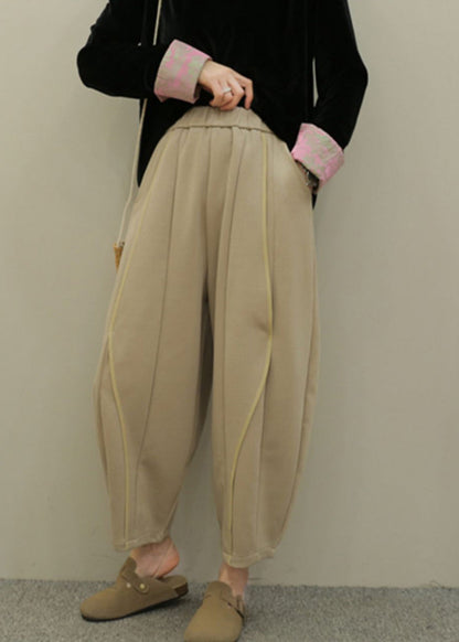 Grey Pockets Elastic Waist Patchwork Cotton Pants Fall