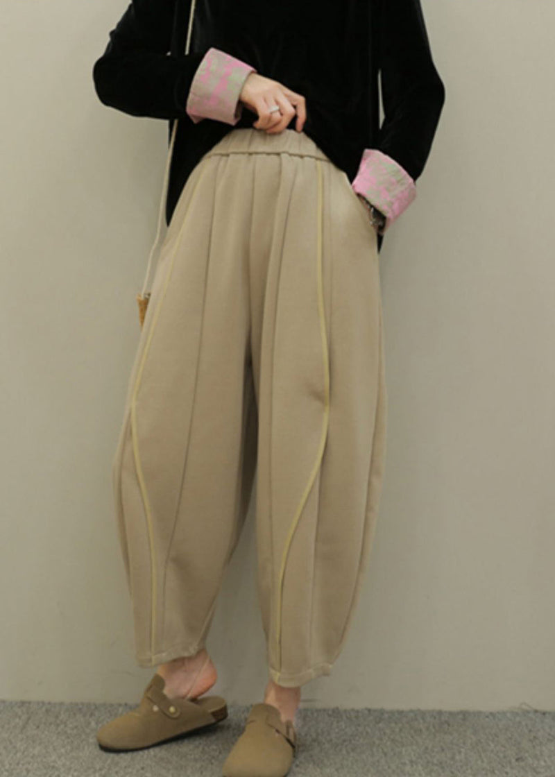Grey Pockets Elastic Waist Patchwork Cotton Pants Fall