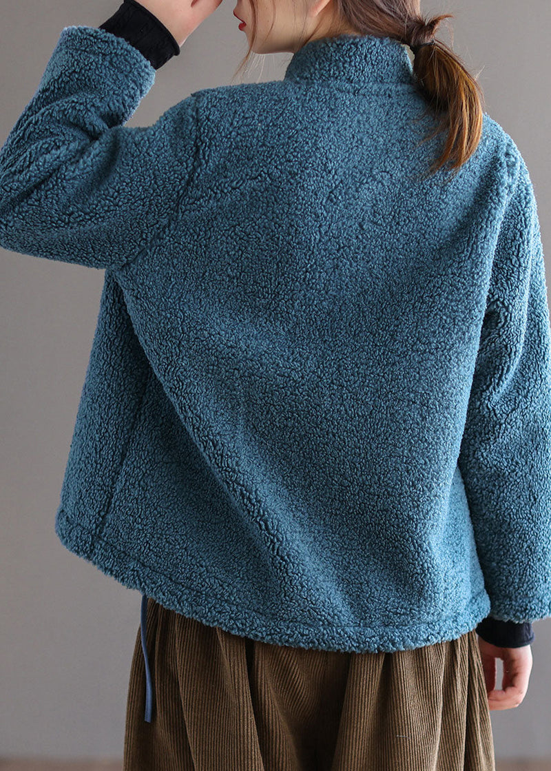 Unique Blue Button V Neck Embroidered Faux Fur Coats Spring