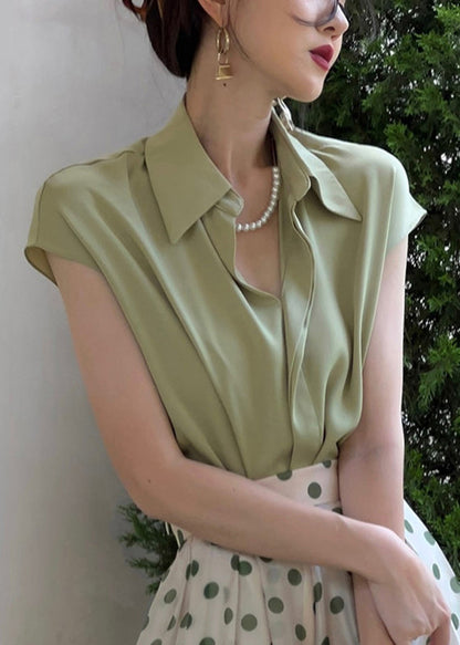 Stylish White Peter Pan Collar Silk Cotton Shirt Short Sleeve