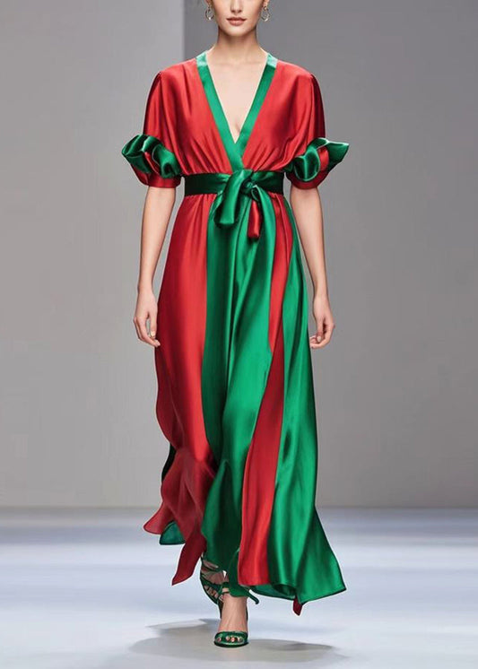 Red Cinched Patchwork Draping Silk Dress Petal Sleeve