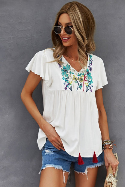 Embroidered Cotton-linen T-shirt