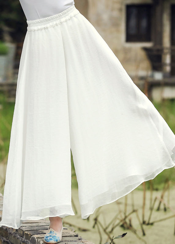 White Elastic Waist Silk Wide Leg Pants Fall