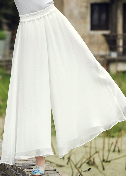 White Elastic Waist Silk Wide Leg Pants Fall