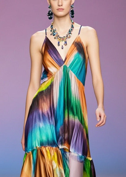 V Neck Print Silk Spaghetti Strap Beach Dress Summer