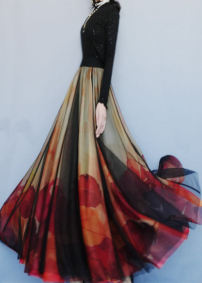 Red Print Exra Large Hem Tulle Skirts Spring