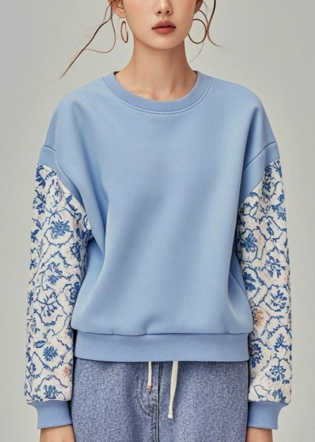 Blue O Neck Print Patchwork Cotton Pullover Sweatshirt Fall