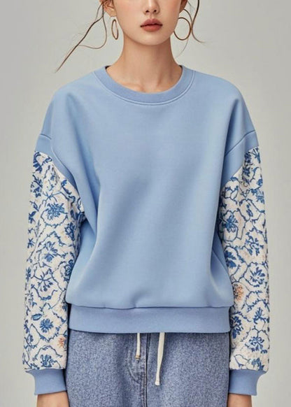 Blue O Neck Print Patchwork Cotton Pullover Sweatshirt Fall