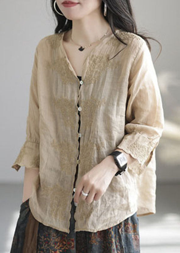 Unique Khaki Embroidered Linen Shirt Half Sleeve