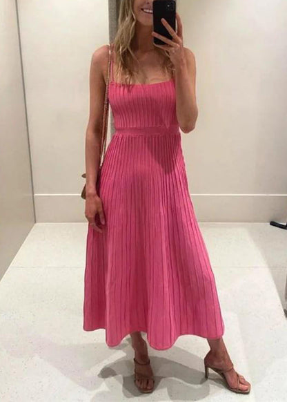 Yellow Knitted Pleated Spaghetti Strap Dress Summer
