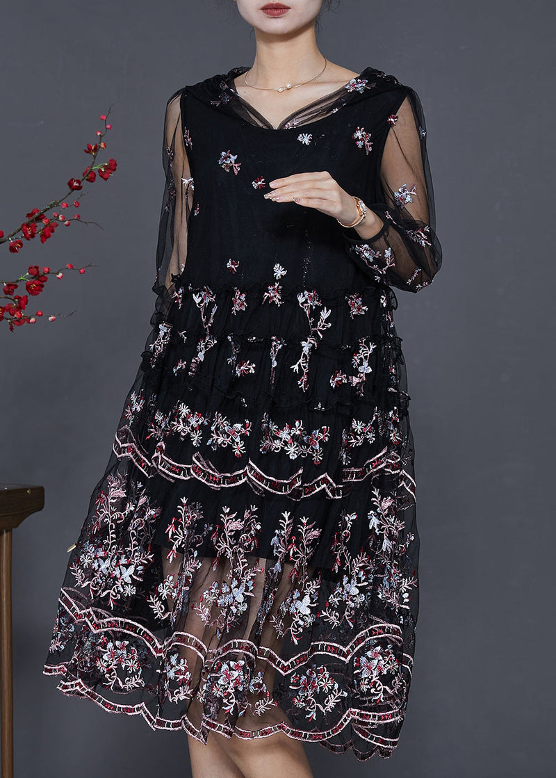 Black Embroidered Tulle Beach Dresses Summer