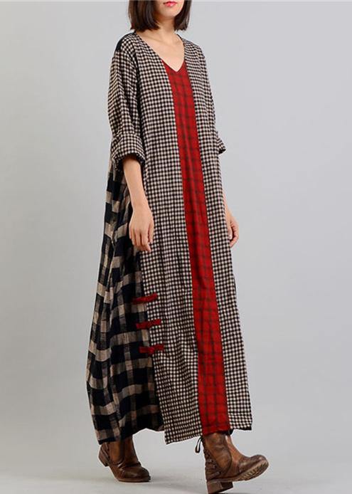 V Neck Patchwork Cotton Linen Spring Quilting Clothes Tunic Tops Plaid Dresses