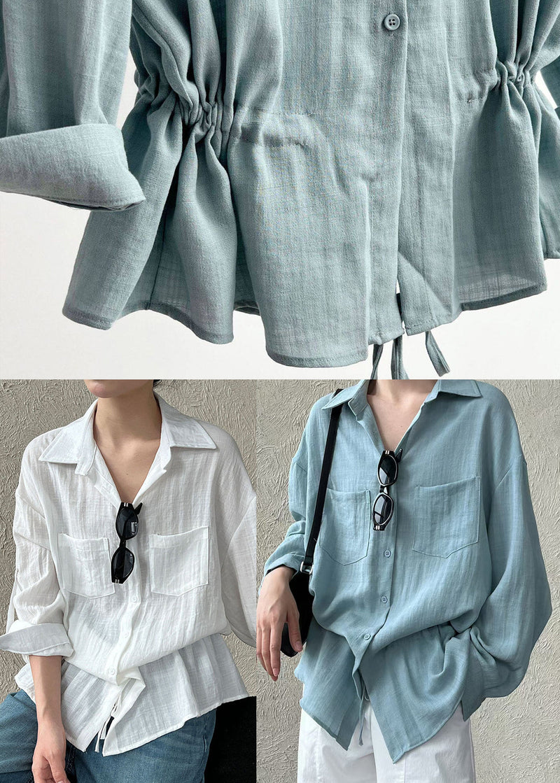 Sky Blue Oversized Cotton Top Drawstring Pockets Spring