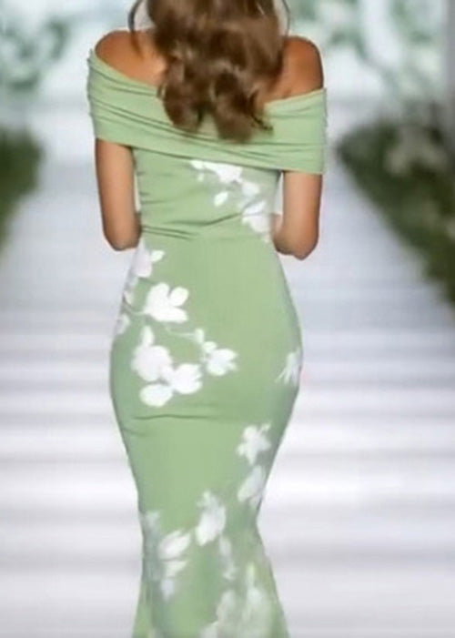 Slim Fit Green Cold Shoulder Print Cotton Long Dresses Summer