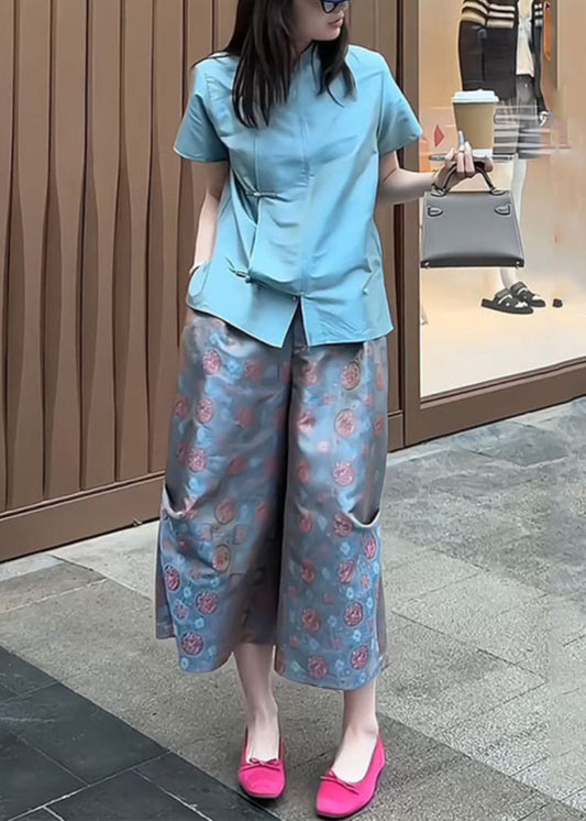 New Blue Button Shirt and Crop Pants Two-piece Set Summer