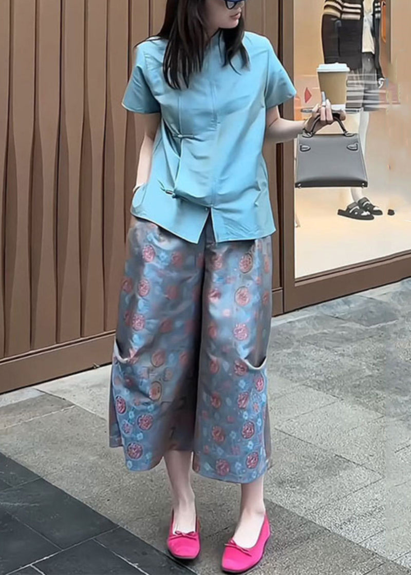 New Blue Button Shirt and Crop Pants Two-piece Set Summer