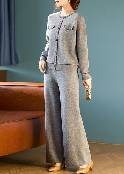 Grey O Neck Tops and Pants Wool Two Pieces Set Spring