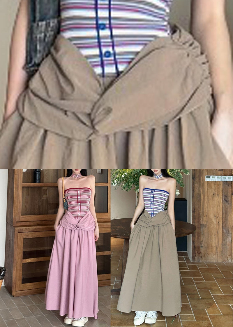 Khaki Cold Shoulder Wrinkled Maxi Dresses Sleeveless