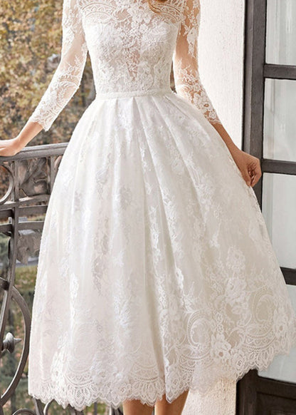 French White Slash Neck Wrinkled Patchwork Lace Dresses Summer