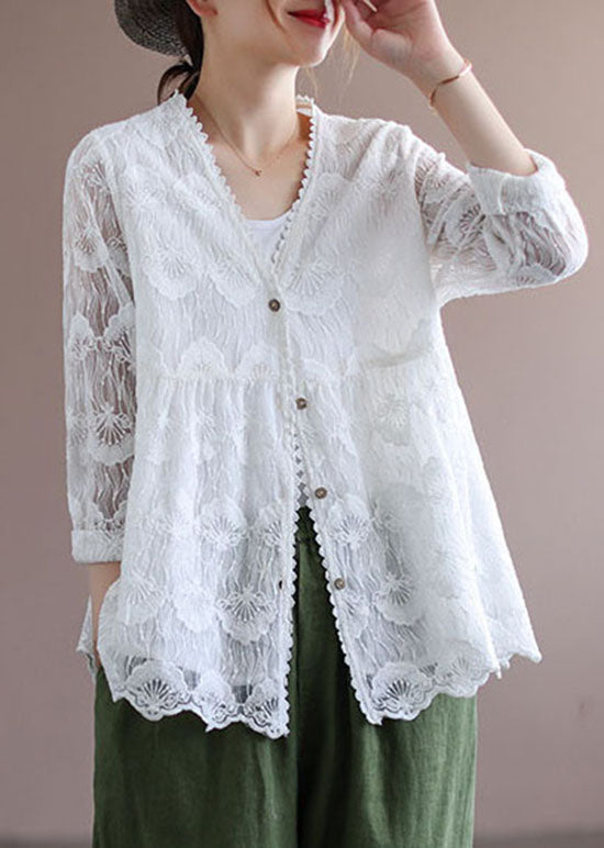 White V Neck Embroideried Lace Cardigans Tops Spring