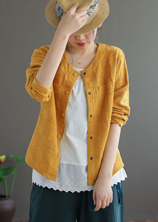 Modern Yellow Button O-neck Jacquard Coats Long Sleeve