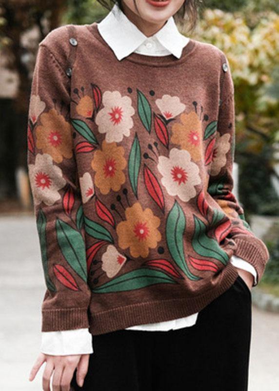 Italian Khaki O-neck Print Button Fall Sweater