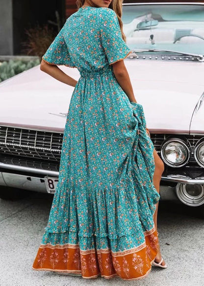 Classy Blue V Neck Print Lace Up Wrinkled Cotton Dress Summer