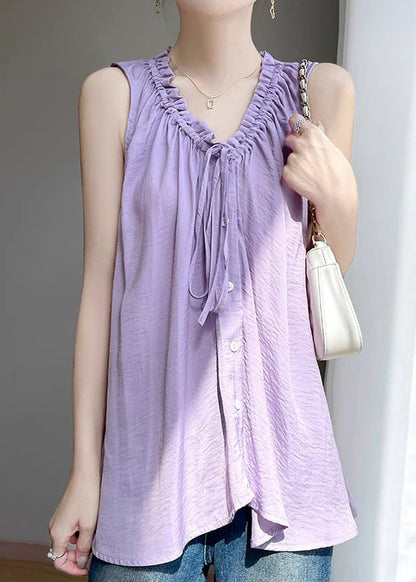 Purple Lace Up Cotton Blouses Ruffled Summer