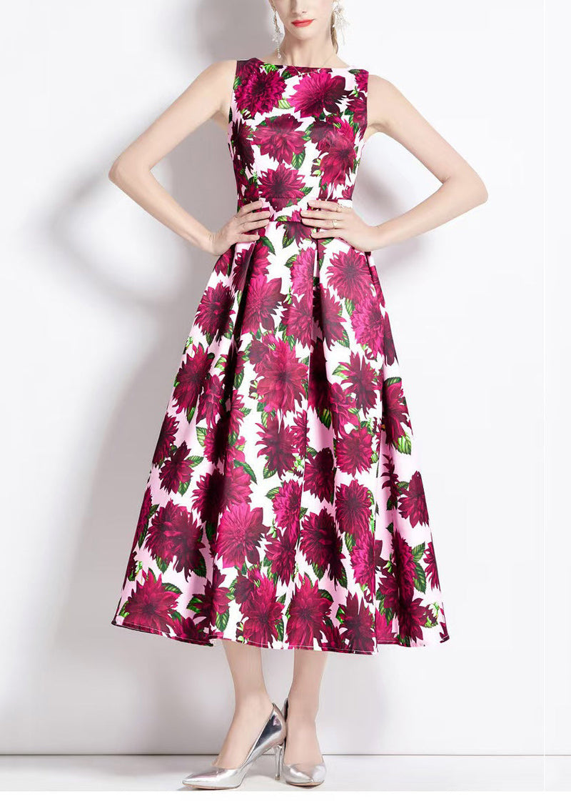 Red Print High Waist Cotton Long Dresses Sleeveless