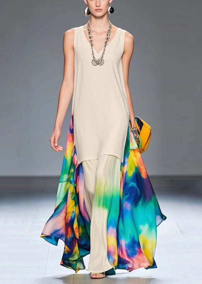 Apricot Print Patchwork Chiffon Long Dresses Summer