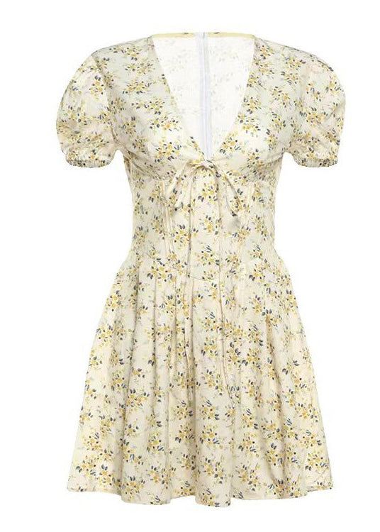French Yellow Puff Sleeve Print Wrinkled Short Dress