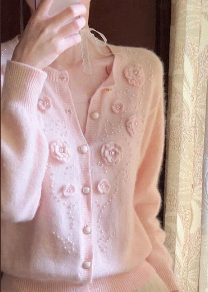 Pink Decorated Nail Bead Knit Cardigan Winter