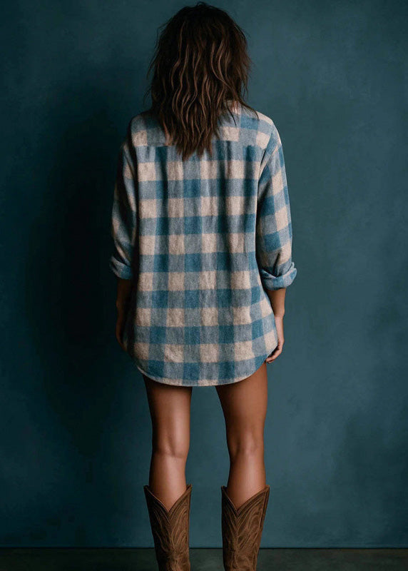Blue Peter Pan Collar Plaid Cotton Shirts Dress Fall