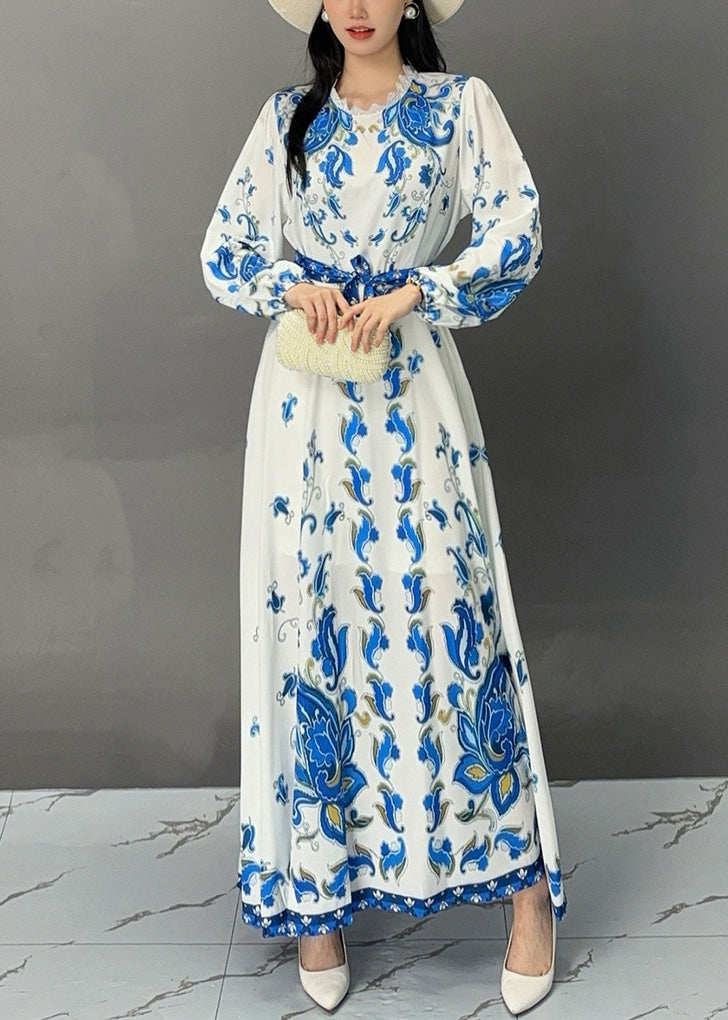 White Print Lace Up Cotton Long Dress Fall