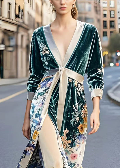 Peacock Green Cinched Print Side Open Silk Velvet Dresses Spring