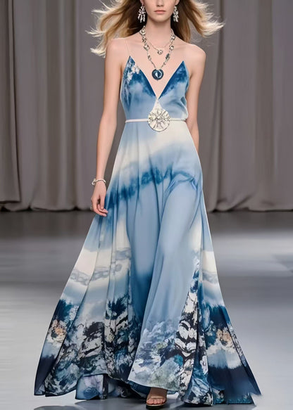 Sky Blue Print Exra Large Hem Chiffon Holiday Dress Summer