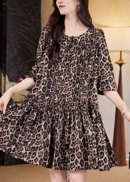 Coffee Leopard Print Elastic Waist Mid Dresses Fall