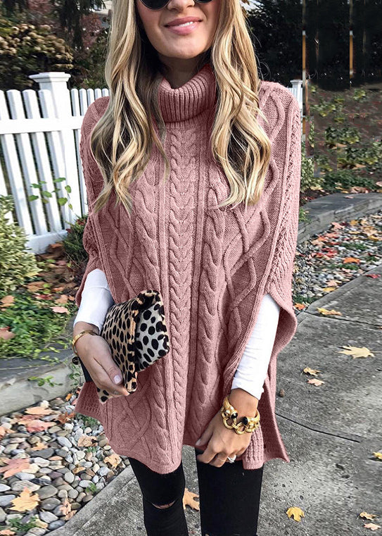Grey Hign Neck Thick Knit Sweaters Batwing Sleeve