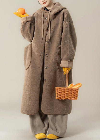 Loose Coffee Hooded Button Pockets Teddy Long Coats Winter