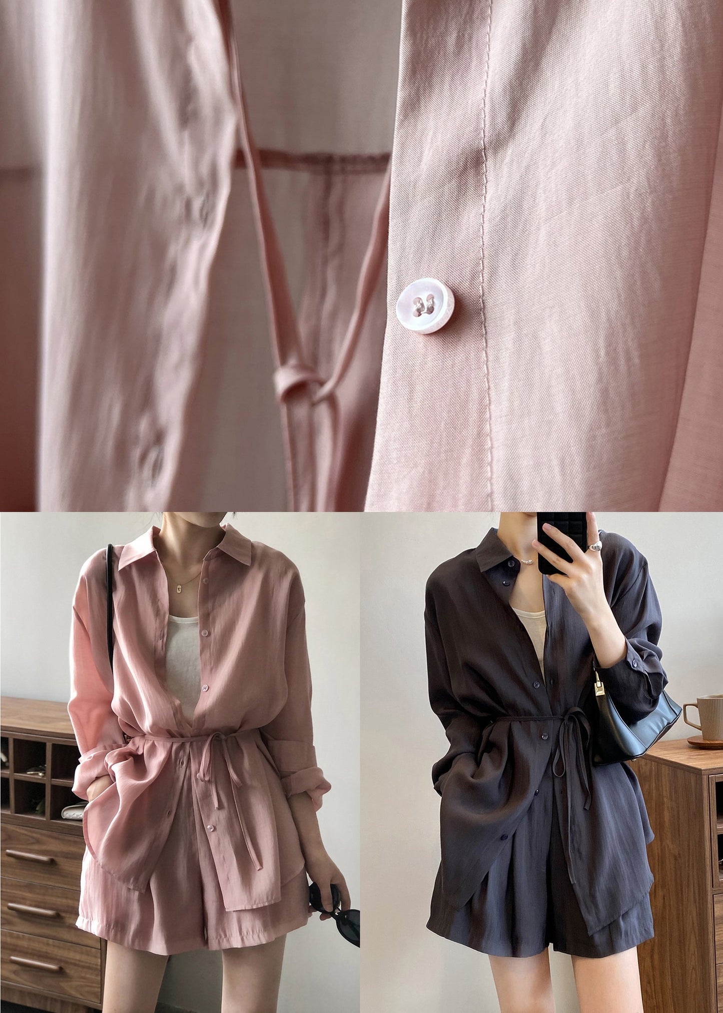 Loose Pink Lace Up Pockets Shirts and Shorts Silk Two Pieces Set Spring