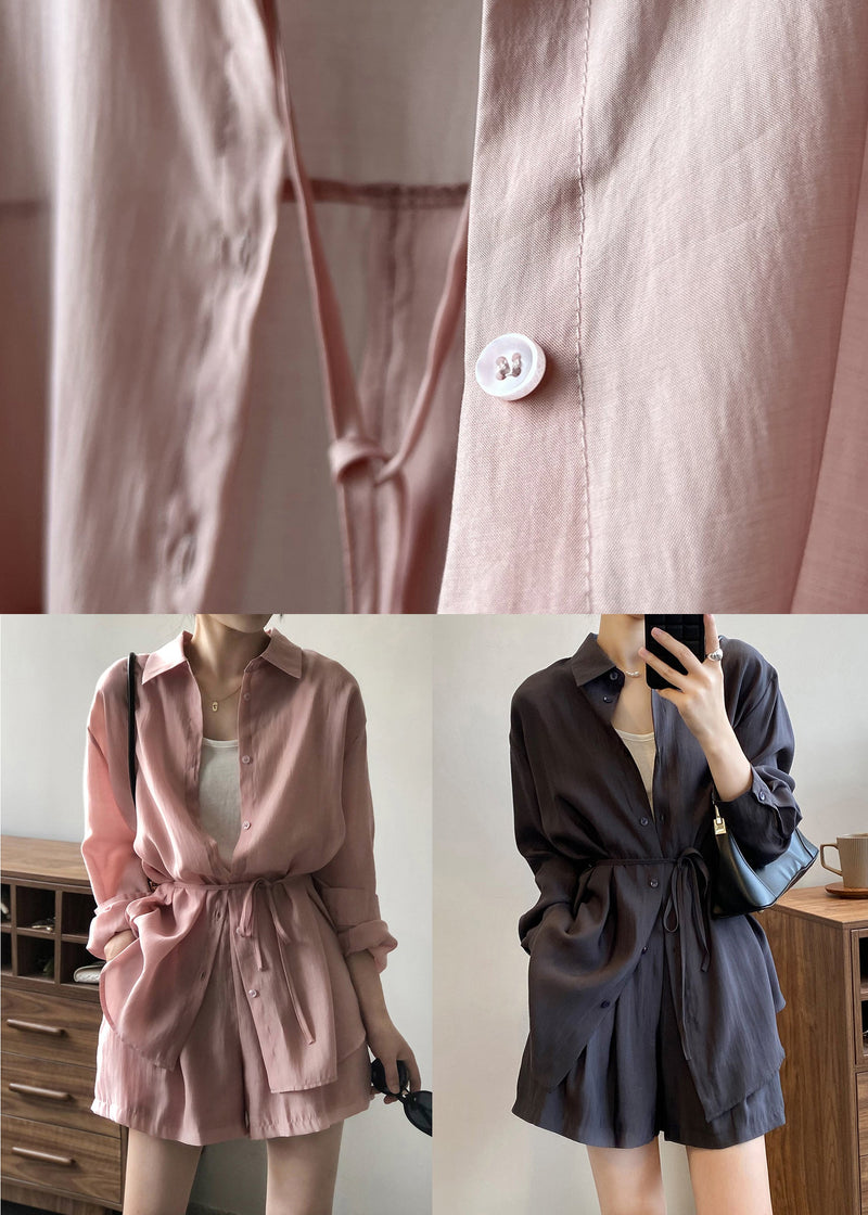Loose Pink Lace Up Pockets Shirts and Shorts Silk Two Pieces Set Spring