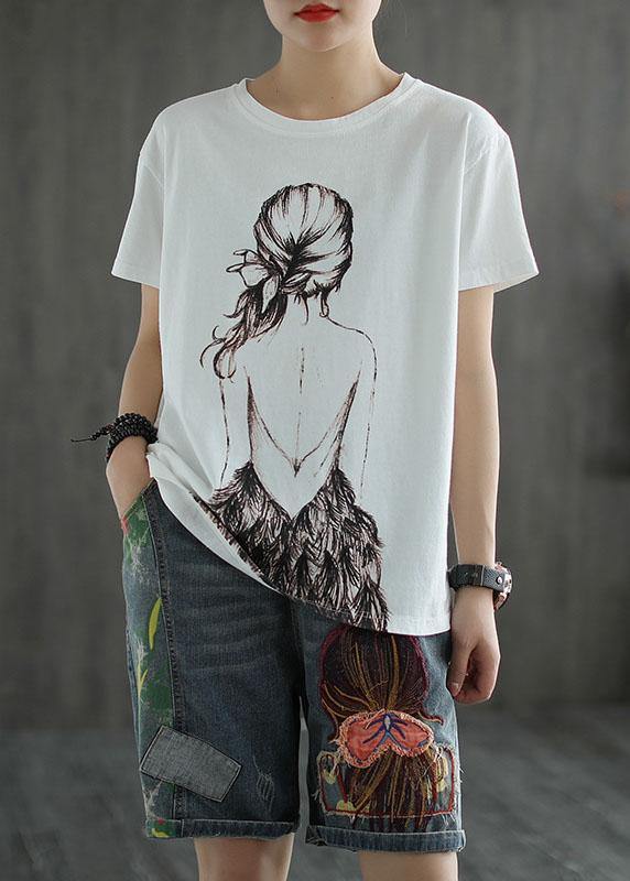 Green Print O-neck Cotton T Shirt Summer