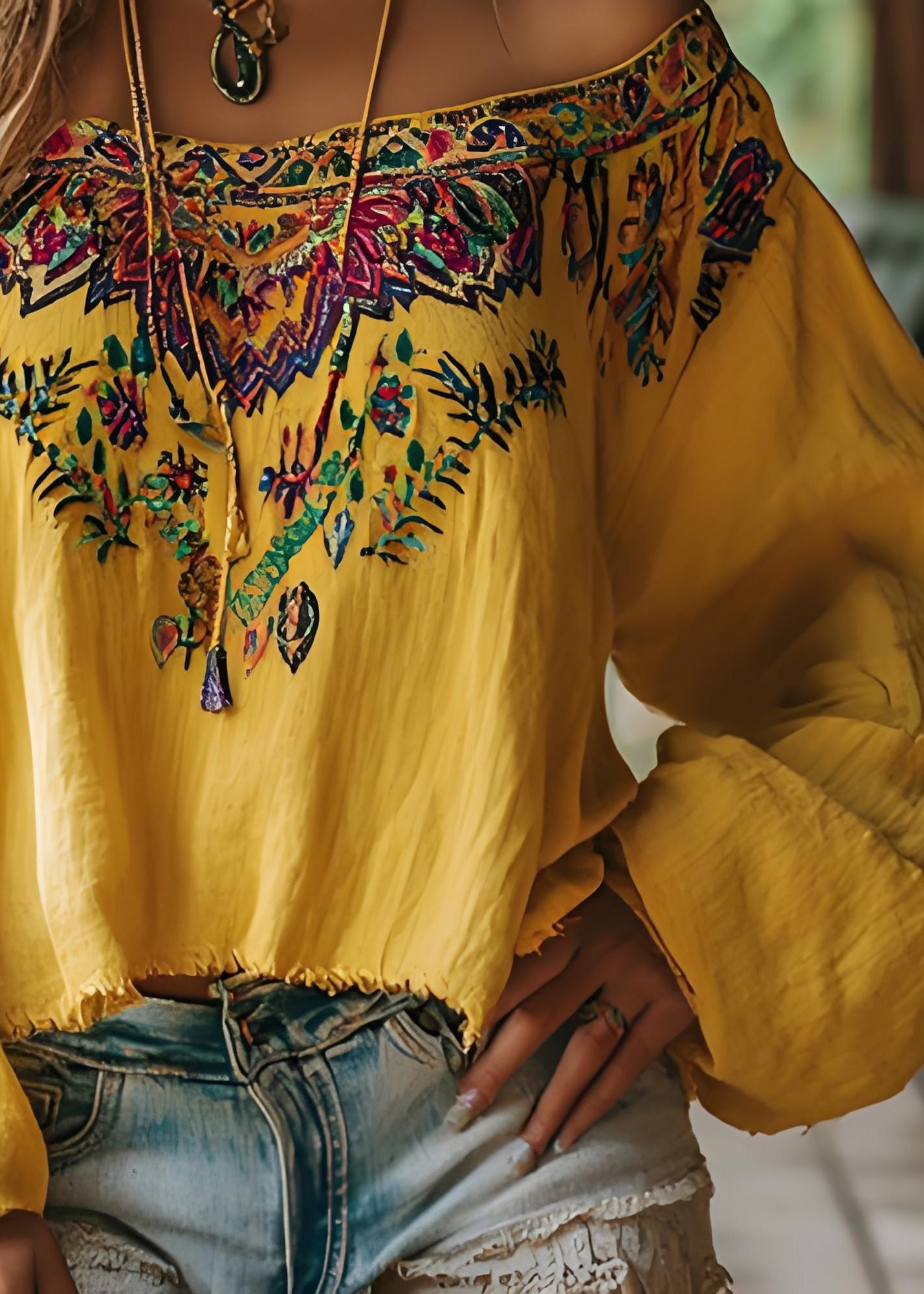 Yellow Slash Neck Print Cotton Shirts Spring