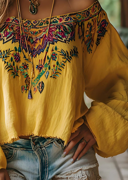 Yellow Slash Neck Print Cotton Shirts Spring