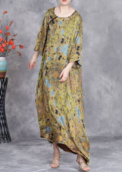Yellow O Neck Button Print Silk Long Dresses Bracelet Sleeve