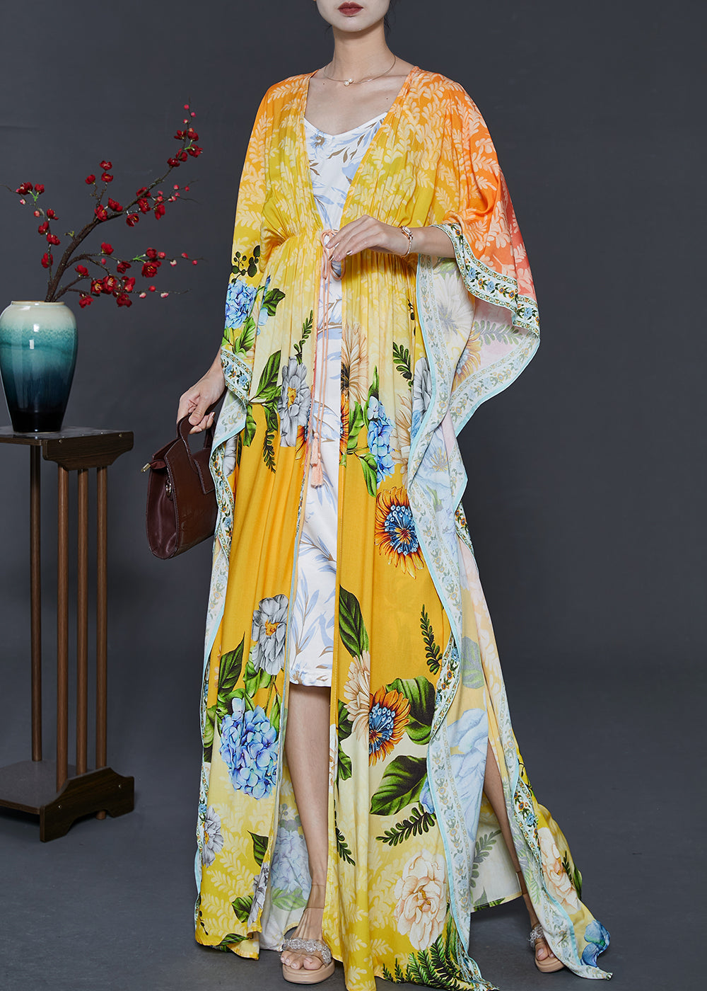 Yellow Tie Waist Print Chiffon Beach Dresses Fall